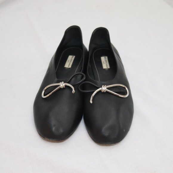 Balenciaga Black Leather Flats with Silver Metal Bow size 41 1/2 made in Italy - Picture 8 of 14